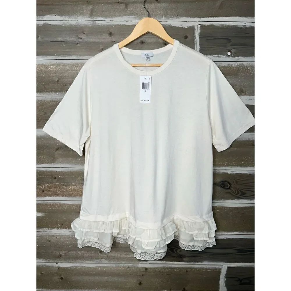 CLU USA Women's Short Sleeve Ruffled Laced Hem Babydoll White Top T-Shirt Sz L